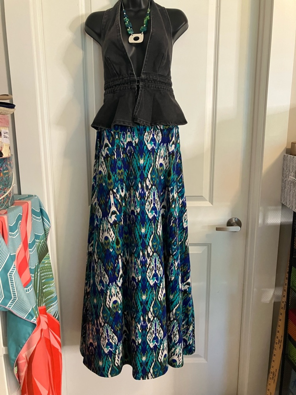 Versona Teal Blue Green Ikat Maxi Skirt